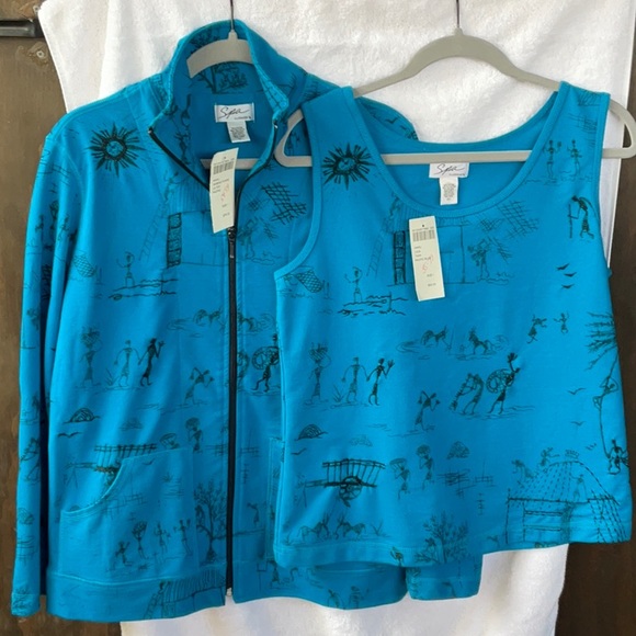 Chico's Blue 2 Piece Jacket & Sleeveless Tank Top with Artistic Design; M/8 - Picture 2 of 14